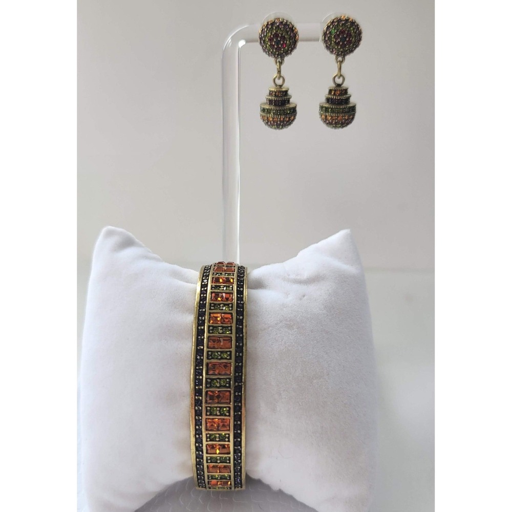 Heidi Daus MultiColor Crystal Hinged Bangle Bracelet and Drop Earring Set Bronze